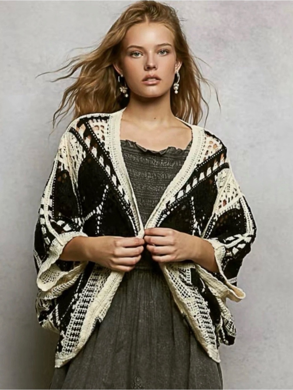 POL Lightweight Open-Knit Black & Cream Women’s Cardigan Sweater OS